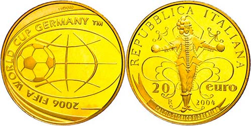 Italy  20 Euro, Gold, 2004, soccer ... 