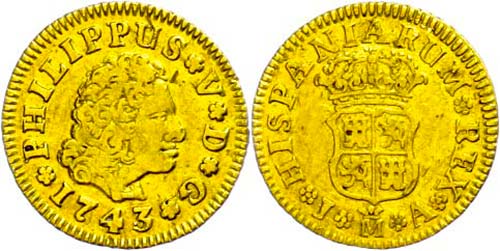 Spanien  1/2 Escudos, Gold, 1743, ... 