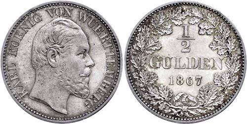 Württemberg 1/2 Gulden, 1867, ... 