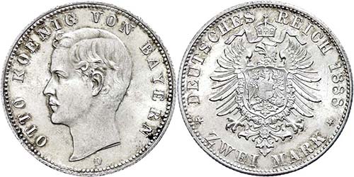 Bayern 2 Mark, 1888, Otto, vz-st., ... 