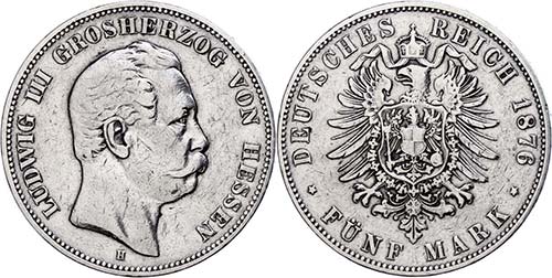Hessen 5 Mark, 1876, Ludwig III., ... 
