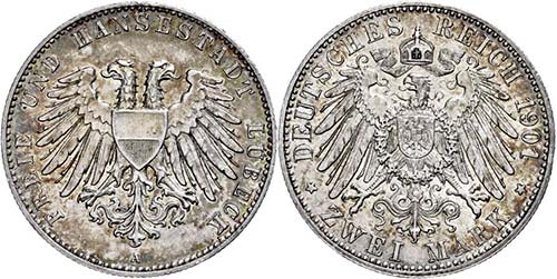 Lübeck 2 Mark, 1901, very fine to ... 