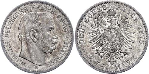 Prussia 2 Mark, 1876, B, Wilhelm ... 