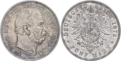 Prussia 5 Mark, 1876, A, Wilhelm ... 