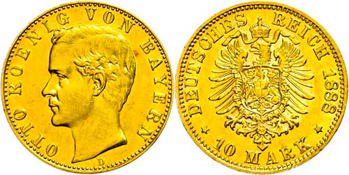 Bavaria 10 Mark, 1888, Otto, small ... 