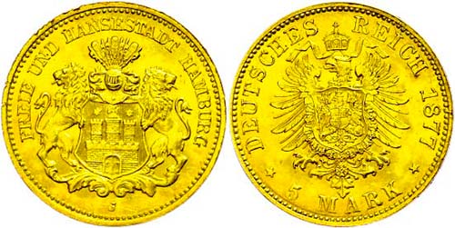Hamburg 5 Mark, 1877, kl. Rf., ... 