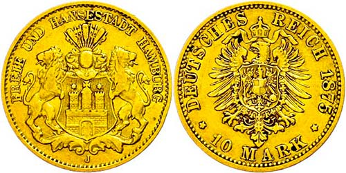 Hamburg 10 Mark, 1875, kl. Rf., ... 