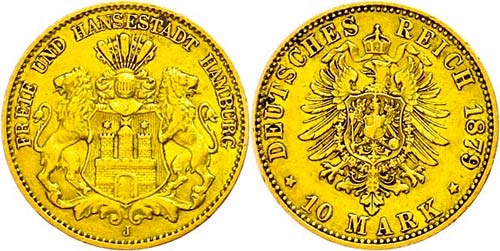 Hamburg 10 Mark, 1879, wz. Rf., ... 