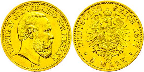Hesse 5 Mark, 1877, Ludwig IV., ... 