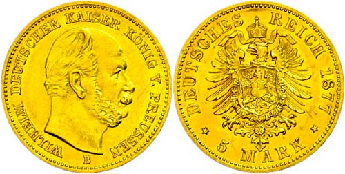 Prussia 5 Mark, 1877, B, Wilhelm ... 