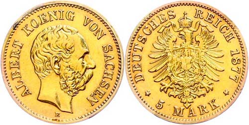 Saxony 5 Mark, 1877, Albert, frame ... 