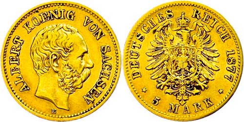 Saxony 5 Mark, 1877, Albert, very ... 