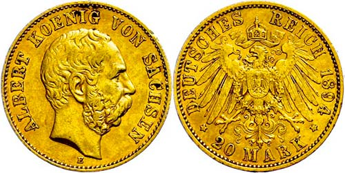 Saxony 20 Mark, 1894, Albert, tiny ... 