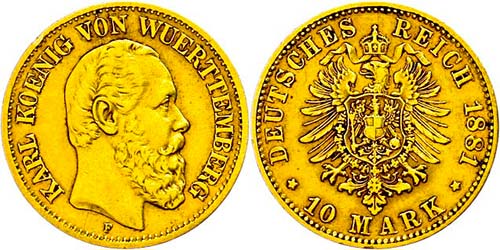 Württemberg 10 Mark, 1881, Karl, ... 