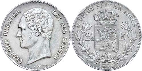 Belgien 2 1/2 Francs, 1849, ... 
