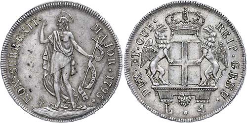 Italy Genoa, 4 liras, 1795, very ... 