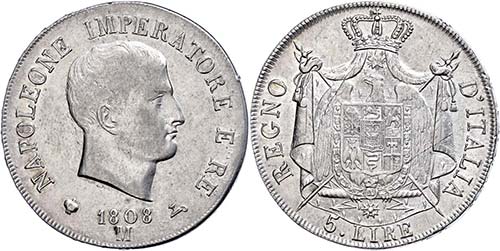 Italy 5 liras, 1808, Milan, ... 