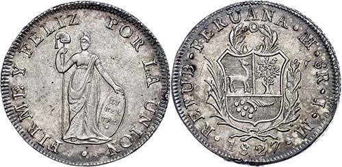 Peru 8 Real, 1827, JM, Lima, KM ... 