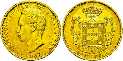 Portugal 5000 rice, Gold, 1867, ... 