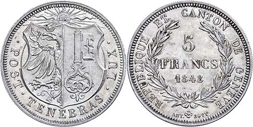 Switzerland Geneva, 5 Franc, 1848, ... 