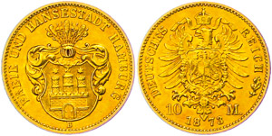 Hamburg 10 Mark, 1873, watermark. ... 