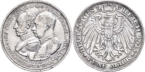 Mecklenburg-Schwerin 5 Mark, 1915, ... 