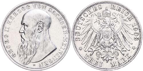 Saxony-Meiningen 3 Mark, 1908, ... 