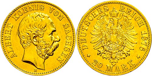 Sachsen 20 Mark, 1876, Albert, kl. ... 
