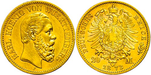 Württemberg 20 Mark, 1872, Karl, ... 