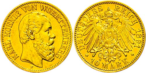 Württemberg 10 Mark, 1891, Karl, ... 