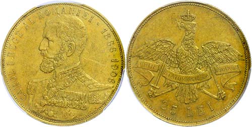 Romania 25 Lei, Gold, 1906, Carol ... 