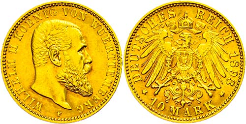 Württemberg 10 Mark, 1893, ... 