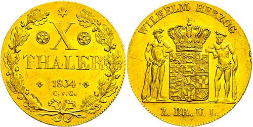 Brunswick 10 thaler, Gold, 1834, ... 