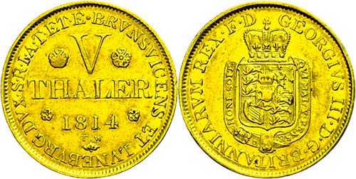 Hanover 5 thaler, Gold, 1814, ... 