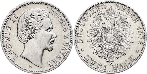 Bavaria 2 Mark, 1876, Ludwig II., ... 