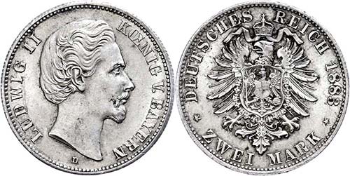 Bavaria 2 Mark, 1883, Ludwig II., ... 