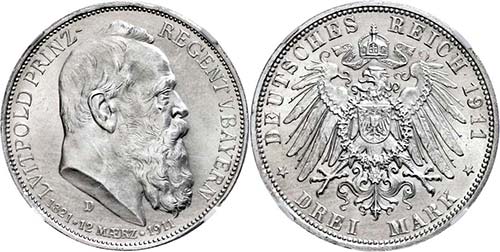 Bavaria 3 Mark, 1911, Luitpold, in ... 