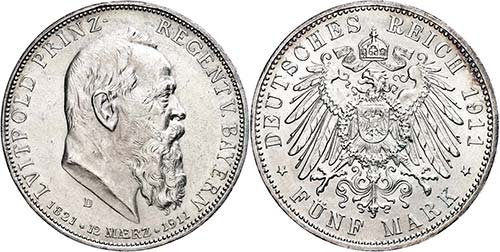 Bavaria 5 Mark, 1911, Prince ... 