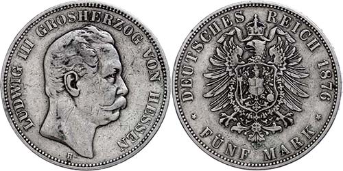 Hesse 5 Mark, 1876, Ludwig III., ... 