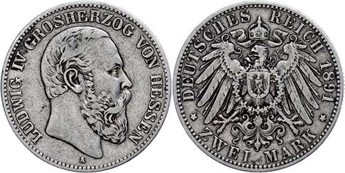 Hessen 2 Mark, 1891, Ludwig IV., ... 