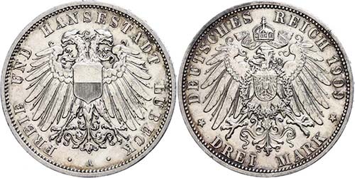 Lübeck 3 Mark, 1911, wz. Rf., ... 