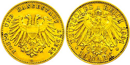Lübeck 10 Mark, 1901, f. vz., ... 