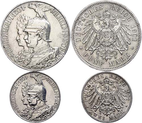 Prussia 2 and 5 Mark, 1901, ... 