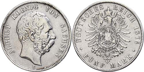 Saxony 5 Mark, 1876, Albert, Mzz ... 