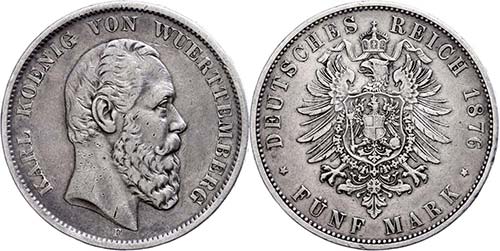 Württemberg 5 Mark, 1876, Karl ... 