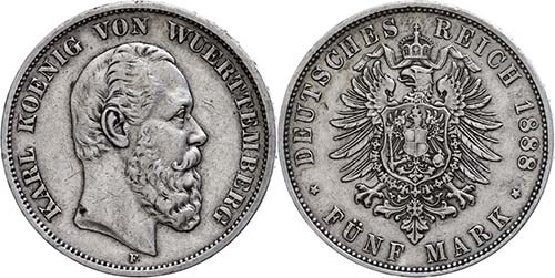 Württemberg 5 Mark, 1888, Karl, ... 