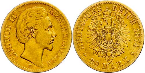 Bavaria 20 Mark, 1874, Ludwig II., ... 