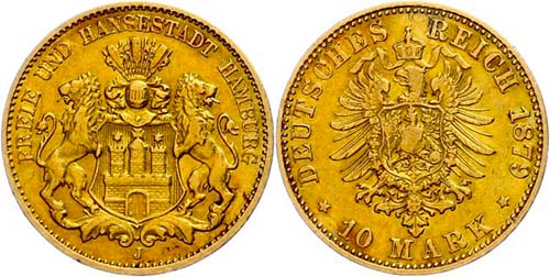 Hamburg 10 Mark, 1879, Mzz J, very ... 