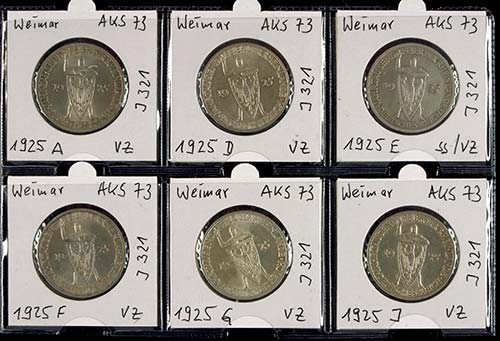 Münzen Weimar 6 x 3 Reichsmark, ... 
