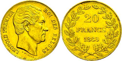 Belgien 20 Francs, Gold, 1865, ... 